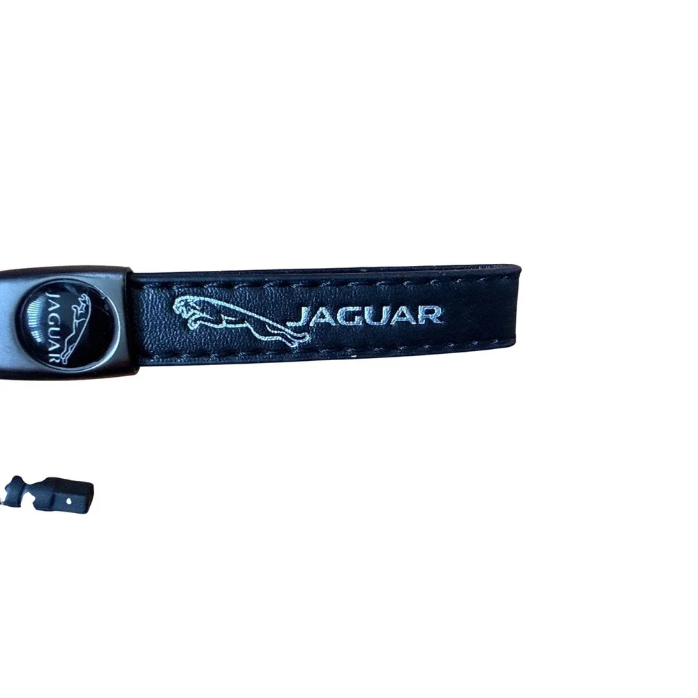 Jaguar Black Leather Keychain Gunmetal D-Ring Shackle Fob Holder with Tool